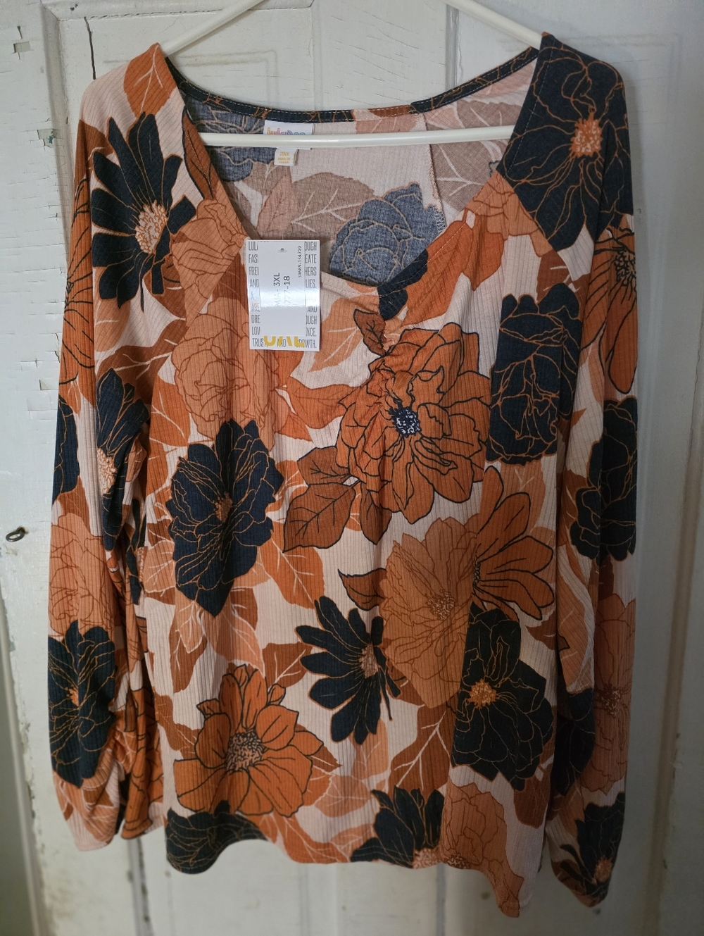 LuLaRoe Orange and Navy Floral Tie-Front Blouse